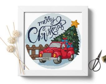 Merry Christmas Cross Stitch Pattern Red Vintage Christmas truck Wall decoration Christmas crafts ideas Modern cross stitch Digital file PDF