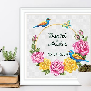 Wedding cross stitch patterns PDF, personalized floral wreath embroidery for weddings, Anniversary gift for couple, Wedding gift