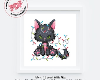 May include: Cross stitch pattern of a black cat tangled in pink, blue, and green Christmas lights. The pattern is 75 stitches wide by 78 stitches high and measures 4.69 inches by 4.88 inches. The pattern requires 11 DMC colors.