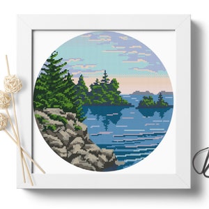 Isle Royale National Park Modern Cross Stitch Pattern, Nature Counted Cross Stitch Chart, Landscape, Lake, Forest, Instant PDF #P368
