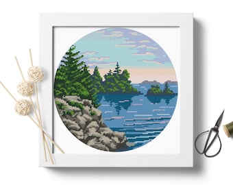 Isle Royale National Park Modern Cross Stitch Pattern, Nature Counted Cross Stitch Chart, Landscape, Lake, Forest, Instant PDF #P368