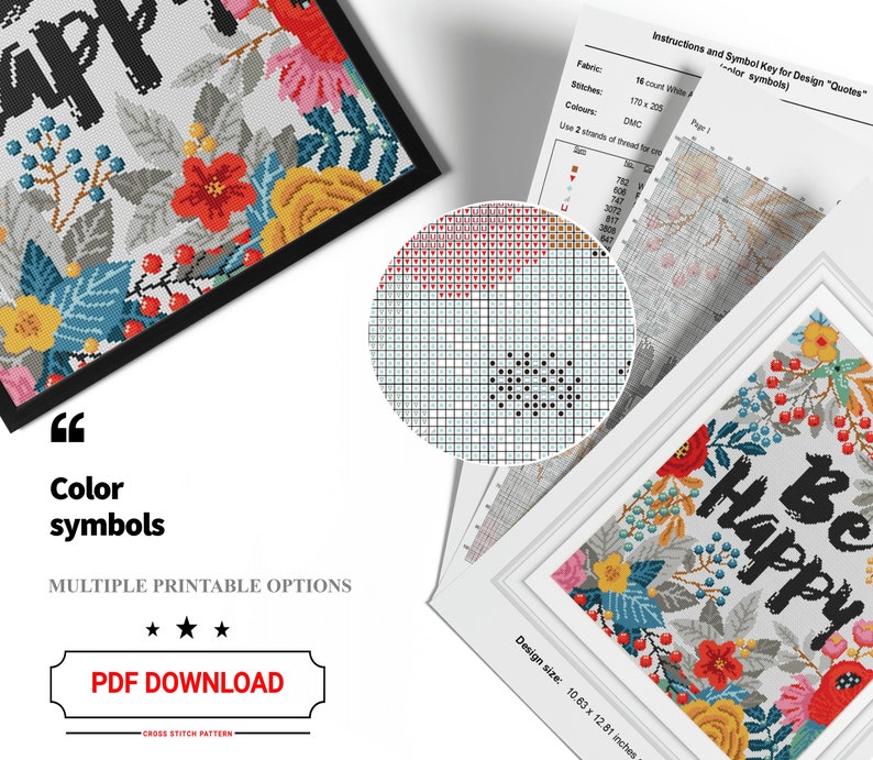 May include: A cross stitch pattern featuring a floral wreath with the text "Be Happy" in black lettering. The pattern is available as a PDF download and includes color symbols for easy stitching.
