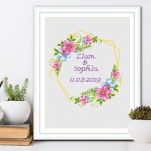 Custom wedding cross stitch pattern PDF, Floral embroidery pattern, Floral Wreath, Hand Embroidery, Anniversary cross stitch, Wedding gift
