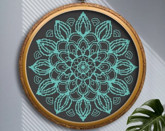 Mandala cross stitch pattern PDF download, Monochrome floral ornament mandala cross stitch chart, Mandala Flower easy embroidery design