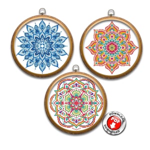 Mandala kruissteekpatroon set van 3 kleurrijke mandala bloem geometrische eenvoudig telpatroon borduurontwerpen digitaal bestand pdf