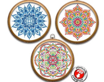 Conjunto de 3 patrones de punto de cruz de mandala con flores de colores, diseño geométrico fácil de contar, gráfico de bordado, archivo digital PDF