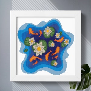Koi fish pond cross stitch pattern PDF download, Koi carps lotus counted cross stitch, Cute goldfish embroidery design, Modern cross stitch