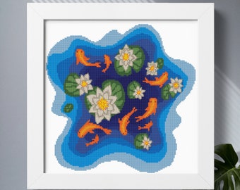 Koi fish pond cross stitch pattern PDF download, Koi carps lotus counted cross stitch, Cute goldfish embroidery design, Modern cross stitch