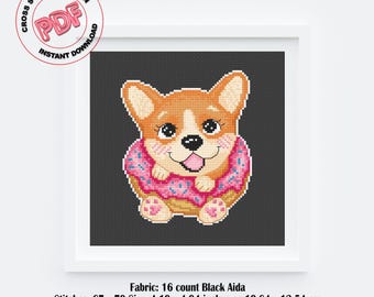 コーギーのクロスステッチパターン PDF、ドーナツデザインのかわいい犬、動物の刺繍チャート、面白くて簡単なクロスステッチパターン、犬好きへのギフト