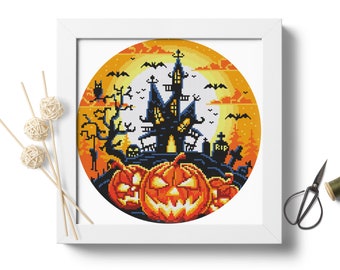 Halloween, motif point de croix, citrouille, point de croix, idées créatives pour les fêtes, point de croix fantasmagorique moderne, motif de broderie Fichier numérique PDF