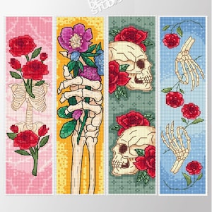 Puede incluir: Cuatro diseños de marcapáginas verticales que presentan una mano esquelética sosteniendo una rosa, una calavera con rosas, una mano esquelética con una vid de rosas y un ramo de rosas con una caja torácica esquelética. Los diseños están en un estilo pixelado.