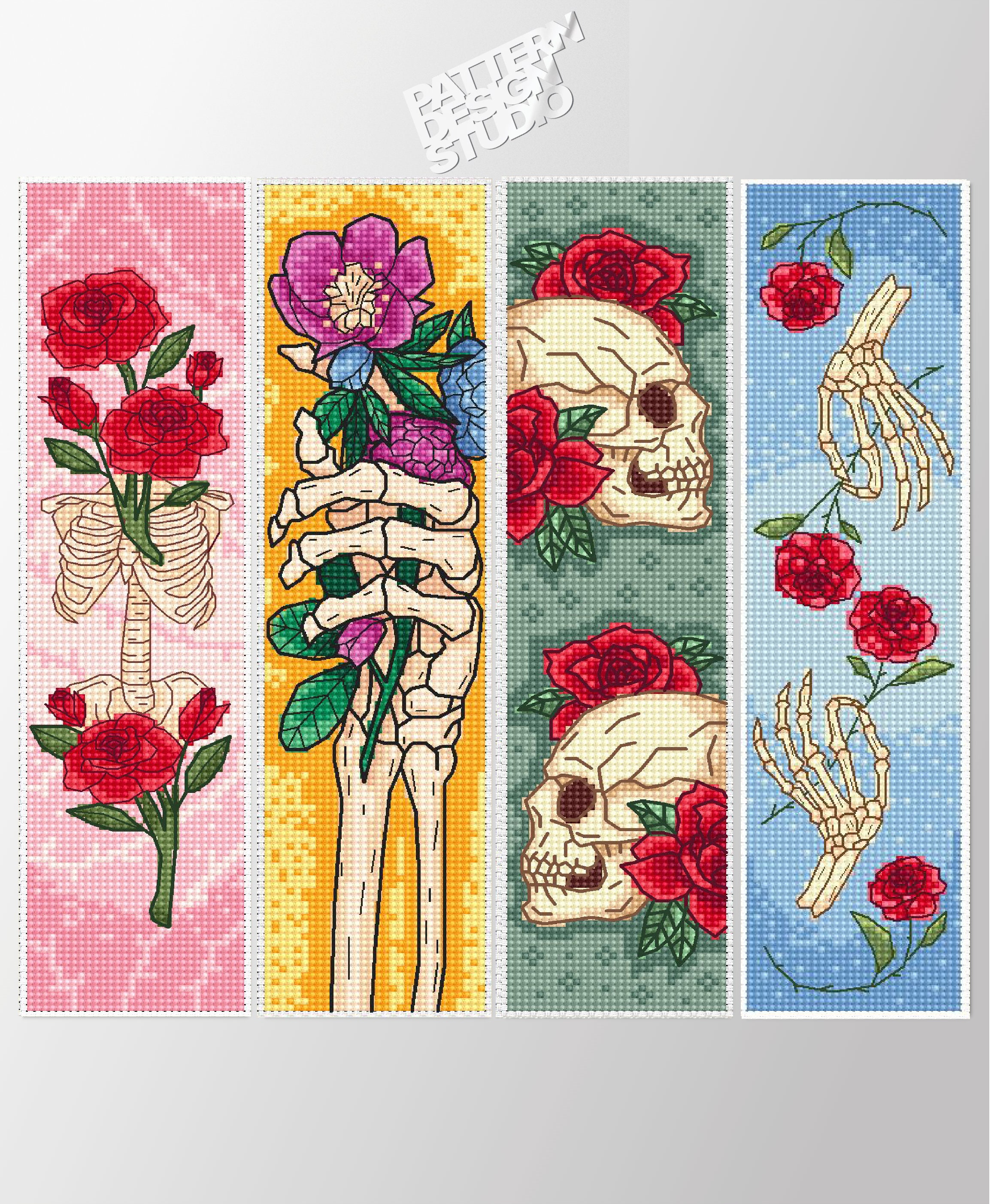 Skeleton set bookmark cross stitch pattern PDF, Gothic handmade bookmark pattern, Spooky skeleton embroidery, Book lover gift, Gothic gift