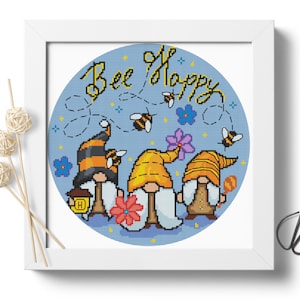 Gnome Bee cross stitch pattern Bumblebee Honey counted cross stitch Cute cross stitch embroidery design Cottagecore decor Digital File PDF