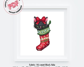 Christmas Angry Cat Cross Stitch Pattern PDF Download, Black Cat in a Sock, Funny Christmas Embroidery, Meowy Christmas, Cat Lover Gift