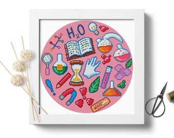 化学クロスステッチパターン PDF ダウンロード、科学刺繍パターン、化学実験室の刺繍パターン、先生への贈り物