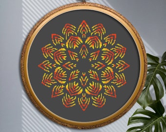 カラフルなマンダラ クロスステッチ パターン PDF ダウンロード、花の幾何学的装飾マンダラ クロスステッチ チャート、簡単な刺繍の花のマンダラ