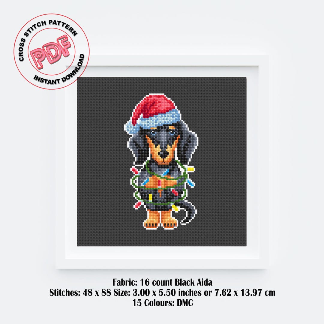 Christmas Dachshund Cross Stitch Pattern PDF, Dog With Holiday Lights ...