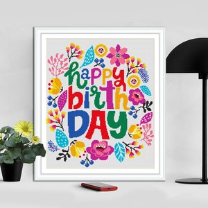 Carte de joyeux anniversaire, motif point de croix, idée cadeau joyeux anniversaire, broderie moderne, point de croix compté, format numérique PDF, cadeau pour maman