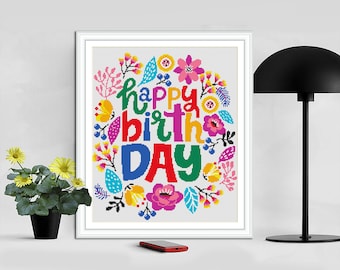 Happy Birthday card Cross stitch pattern, Happy Birthday gift idea, Modern Embroidery, Counted Cross Stitch, Digital Format PDF Gift for mom