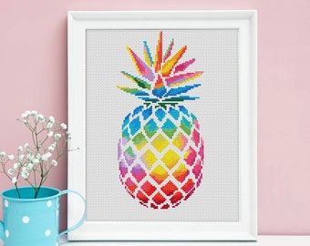 Rainbow Pineapple Cross Stitch Pattern PDF, Tropical fruit, Funny cross stitch, Easy Cross Stitch, Pineapple decor, Pineapple wall art