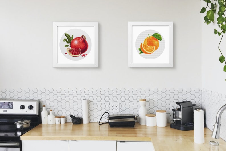 May include: Two framed illustrations of fruit. The left frame shows a red pomegranate with a slice of pomegranate. The right frame shows a whole orange with a slice of orange.