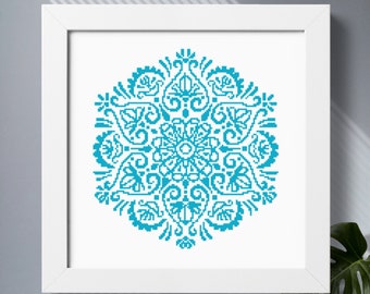 Flower mandala cross stitch pattern PDF download, Floral ornament cross stitch, Monochrome cross stitch chart, Mandala pattern digital file