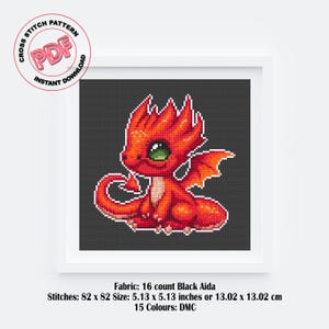 Red Baby Dragon Cross Stitch Pattern PDF Download, Cute Fantasy Embroidery Design, Magical Cross Stitch Chart, Mythical Creature Gift