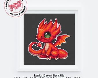 赤いベビードラゴンのクロスステッチパターン PDF ダウンロード、かわいいファンタジー刺繍デザイン、魔法のクロスステッチチャート、神話の生き物ギフト