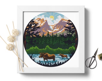 Rocky Mountains National Park #P89 Cross Stitch Embroidery PDF Pattern Download | Mountains Cross Stitch Embroidery Patterns | Cross Designs