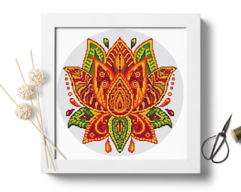 Cross Stitch Pattern Download PDF Lotus Flower, Mandala Cross Stitch, Modern Embroidery, Cross Stitch Chart, Counted Cross Stitch #P398