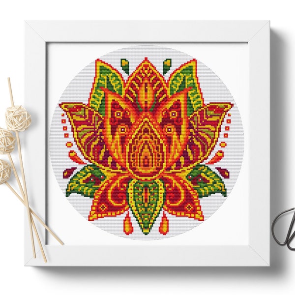 Cross Stitch Pattern Download PDF Lotus Flower, Mandala Cross Stitch, Modern Embroidery, Cross Stitch Chart, Counted Cross Stitch #P398