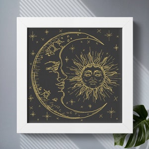 Tarot modern cross stitch pattern PDF download, Celestial Sun and Moon, Mystical Gothic cross stitch, Blackwork embroidery astrology design
