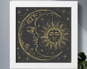 Tarot modern cross stitch pattern PDF download, Celestial Sun and Moon, Mystical Gothic cross stitch, Blackwork embroidery astrology design