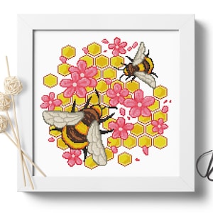Bee cross stitch pattern PDF Honey Insect Flower Modern embroidery chart counted cross stitch Trendy embroidery design Digital File
