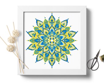 Mandala Flor Amarillo Azul Patrón de punto de cruz Bordado moderno Gráfico de punto de cruz Colorido Mandala Punto de cruz Archivo digital PDF