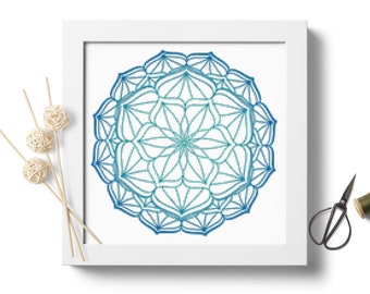 Patrón punto de cruz mandala degradado descargar PDF, Punto de cruz moderno, Mandala azul claro, Patrón punto de cruz principiante, Flor de loto
