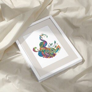 May include: A framed print of a colourful peacock with intricate details. The peacock is depicted in a vibrant array of colours, including blue, green, purple, and yellow. The print is framed in a white frame.