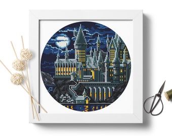 魔法学校のクロスステッチパターン PDF ダウンロード ファンタジー城 魔法王国のクロスステッチ モダンな刺繍デザイン 素晴らしいクロスステッチ