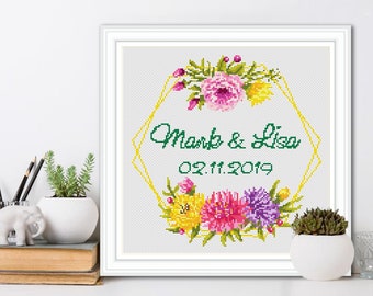 ウェディングクロスステッチパターンPDF、ウェディングサンプラー刺繍、カスタムクロスステッチチャート、パーソナライズされたクロスステッチ、記念日のギフト