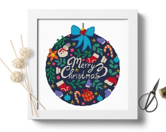 メリークリスマス クロスステッチパターン クリスマスボール 壁飾り 新年 刺繍 クリスマス工芸品 モダンクロスステッチ デジタルファイル PDF