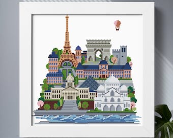 パリのクロスステッチパターン PDF エッフェル塔 街のスカイライン 旅行 簡単なクロスステッチチャート ニードルポイントパターン モダンなクロスステッチ