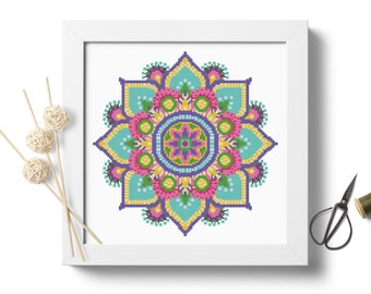 マンダラ クロスステッチ 刺繍 PDF パターン ダウンロード カラフルな花 モダン刺繍 デジタルステッチ ファイル 刺繍フープアート #P290