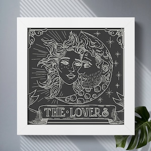 Tarot The Lovers modern cross stitch pattern PDF download, Blackwork embroidery design, Mystical Gothic cross stitch, Backstitch pattern