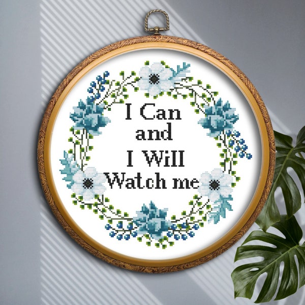 Inspirational quote cross stitch PDF Flower wreath Floral frame Easy counted cross stitch chart Modern simple embroidery design
