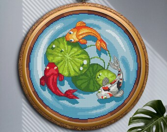 鯉の池のクロスステッチ図案 PDF ダウンロード、鯉のクロスステッチ