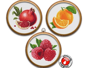 Garnet Orange Raspberry Set of 3 Cross Stitch Pattern PDF Download Fruits Embroidery Designs Kitchen Decor Cross Stitch Chart Digital File