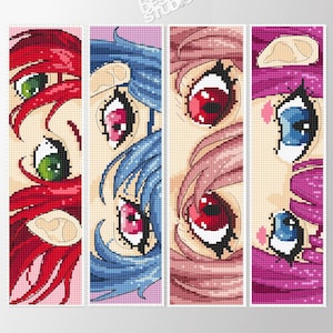 Anime bookmark set cross stitch pattern PDF download, Anime eyes cross stitch chart, Kawaii anime bookmark pattern PDF, Book lover gift
