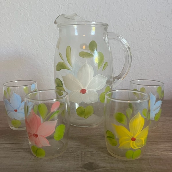Vintage Hand Painted Floral Pitcher and Juice Glasses