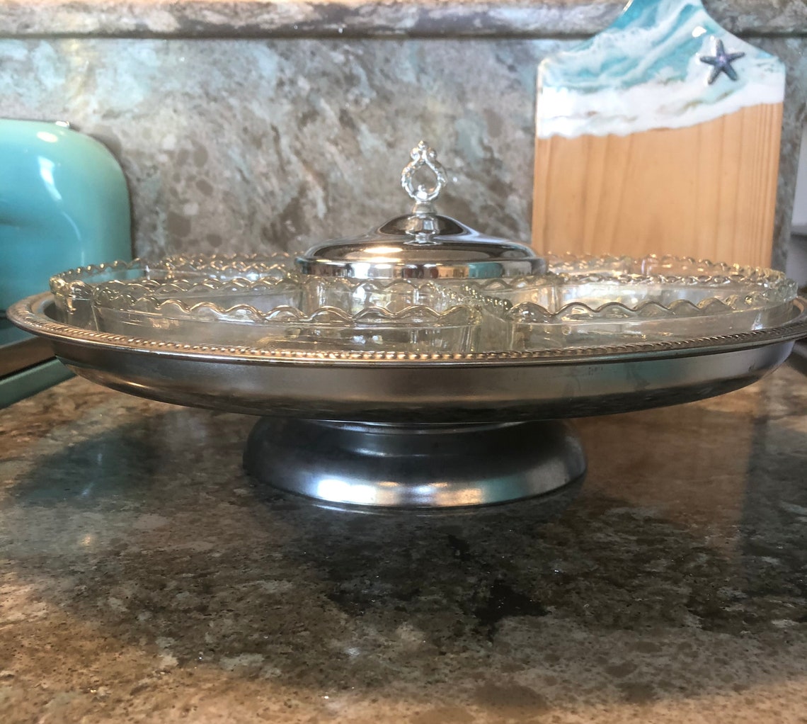 Silver and glass veggie tray lazy susan Etsy