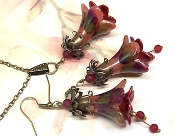 Art Nouveau Jewelry Set, Earrings & Necklace, Antique Bronze, Hand Painted, Artisan Crafted Floral Jewelry